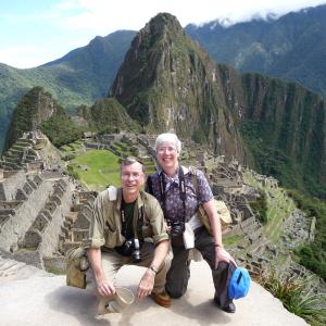 Ron Amey on a stone overlook at Machu Picchu.